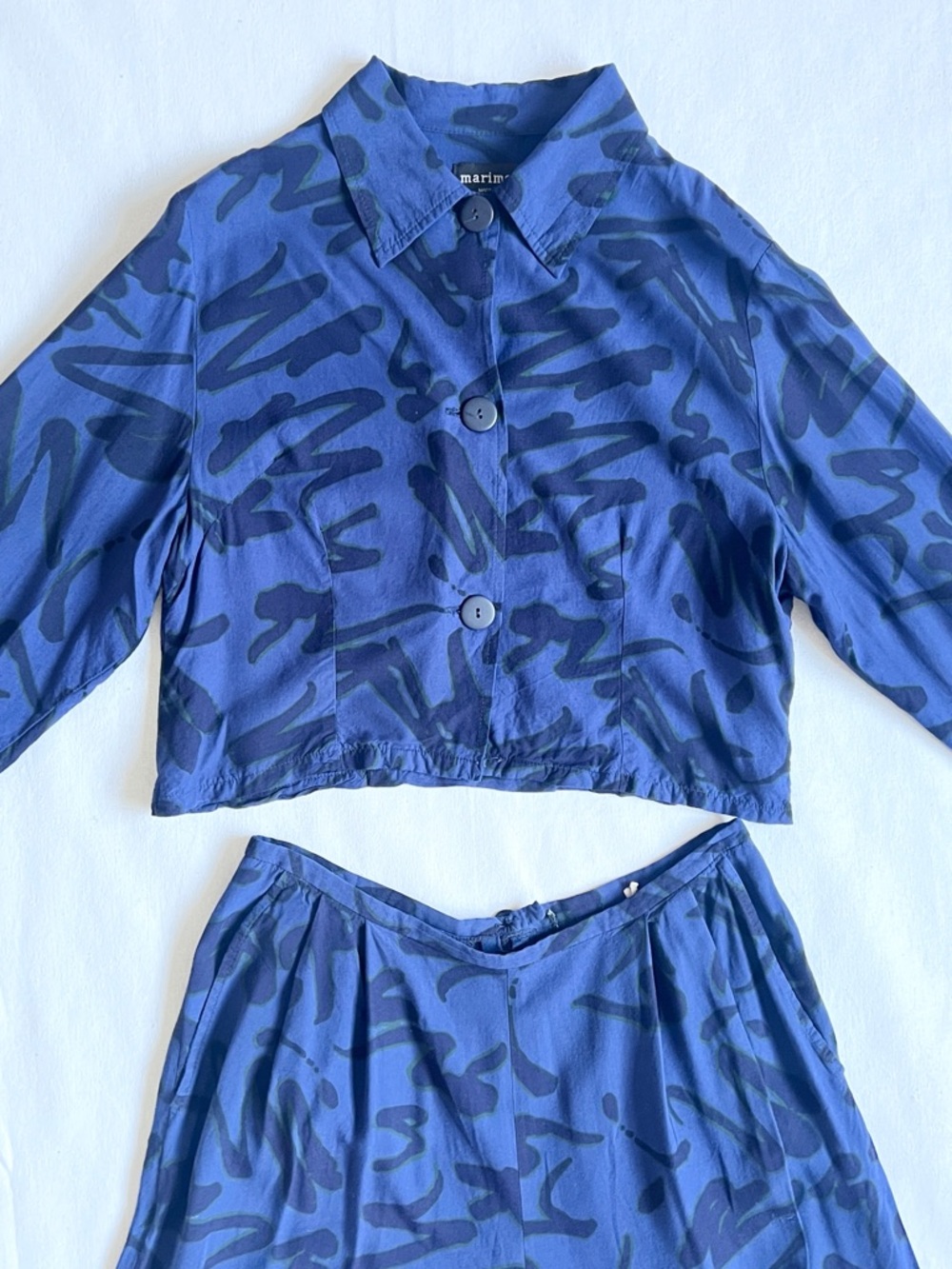 VTG Marimekko Finland 2pc set blouse pants cotton abstract print cropped top